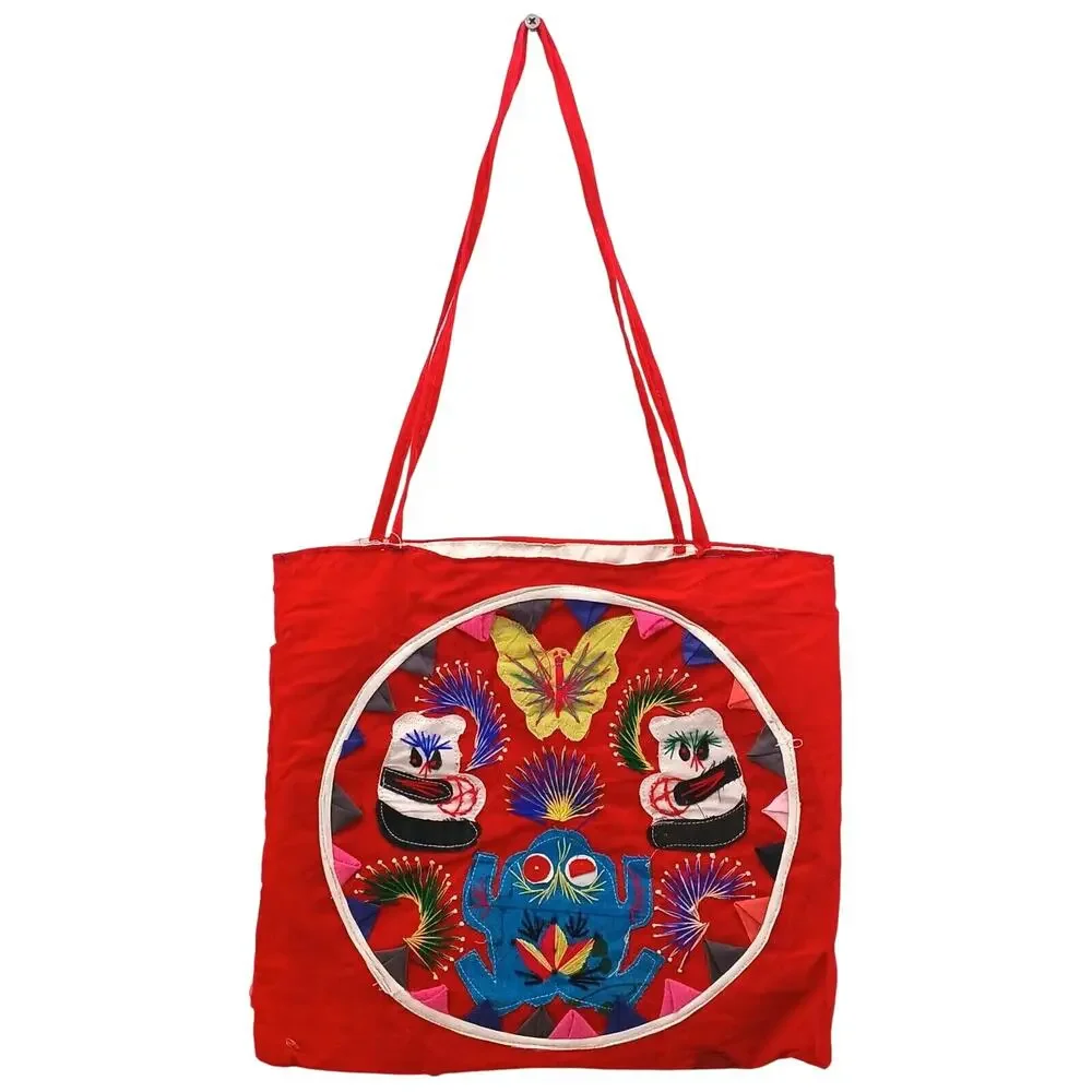 Vintage Bai Jia Bei Chinese Quilt Tote Bag Embroidered Panda Frog Folk Art Purse